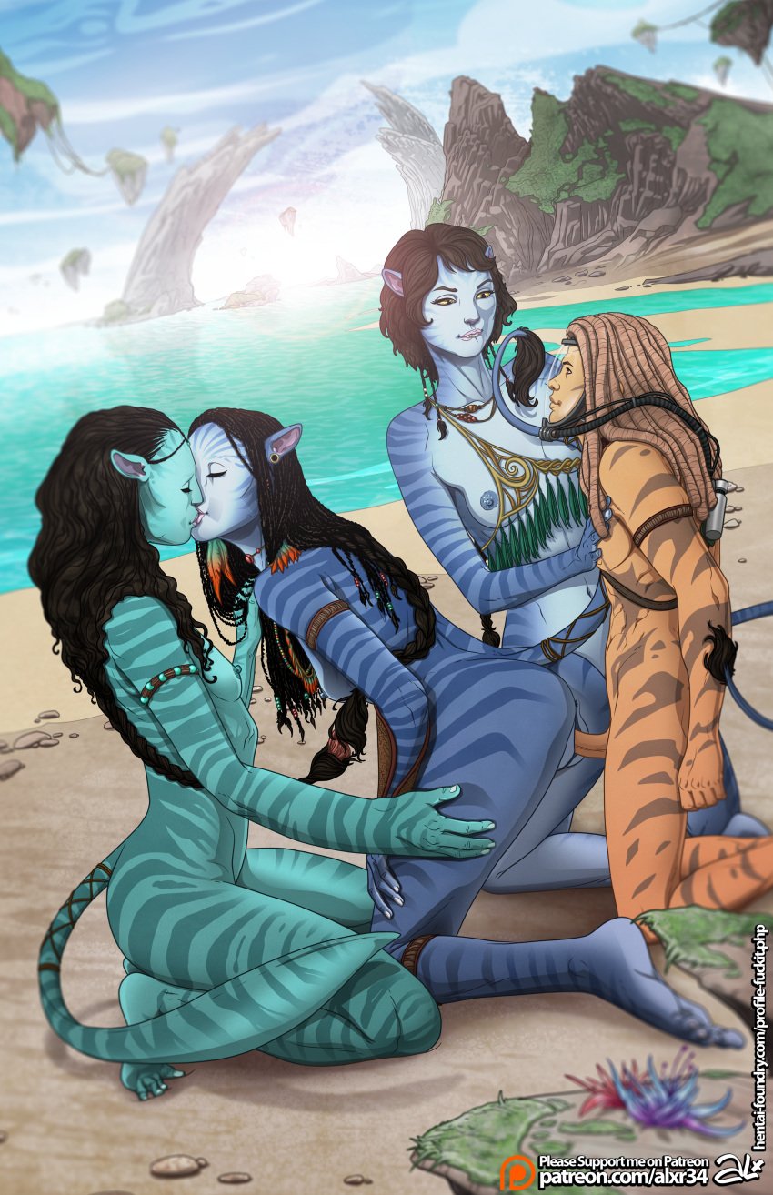 1boy 2d 3girls alien alien/human alien_girl alx_(fuckit) athletic_female avatar avatar:_the_way_of_water beach bigger_female bisexual bisexual_(female) blue-skinned_female blue_skin fantasy_interracial foursome green_skin harem human human_male human_penetrating humanoid interspecies kiri_(avatar) kneeling larger_female legs light-skinned_male male_human/female_alien male_human/female_humanoid miles_socorro na'vi neytiri outdoors size_difference skinny small_breasts spider_(avatar) tail tsireya water