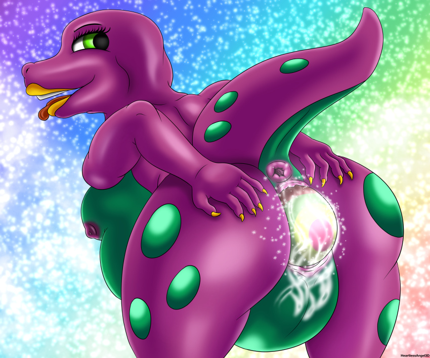 1girls absurd_res anthro anus barney_and_friends barney_the_dinosaur big_belly bodily_fluids breasts dinosaur egg egg_from_pussy egg_laying female female_only gaping gaping_anus genital_fluids heartlessangel3d hi_res nipples pregnant pussy_juice reptile rule_63 scalie solo stretched_pussy