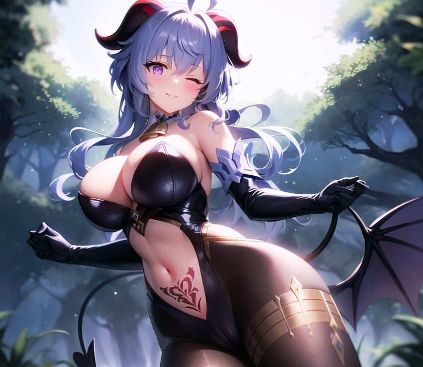 1girls ai_generated bat_wings big_breasts blue_hair bodysuit breasts demon_tail elbow_gloves ganyu_(genshin_impact) genshin_impact gloves horn pubic_tattoo purple_eyes smile solo solo_female solo_focus succubus succubus_tattoo thick_thighs thighs unajyu wings