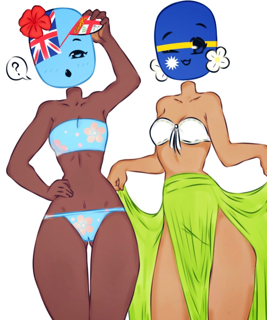 2girls bikini countryhumans countryhumans_girl dark-skinned_female female_only fiji_(countryhumans) flat_chest flawsy low_res nauru_(countryhumans) sfw