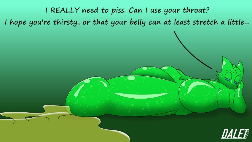 absurd_res anthro balls bedroom_eyes belly big_balls big_belly big_penis blue_eyes bodily_fluids daletfours dialogue dominant dragon genital_fluids genitals glistening glistening_body goo_creature goo_dragon gradient_background green_body hand_on_leg hand_on_own_leg hand_on_own_thigh hand_on_thigh hi_res honeydew_(daletfours) huge_balls huge_cock hyper hyper_balls hyper_genitalia hyper_penis looking_at_viewer lying male moobs narrowed_eyes on_side overweight overweight_male peeing penis seductive simple_background smile solo talking_to_viewer urine urine_pool