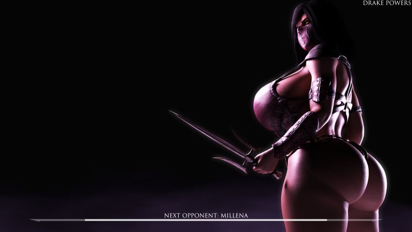 3d alternate_ass_size alternate_body_type alternate_breast_size black_background black_hair drakepowers huge_ass huge_breasts huge_butt loading_screen messy_hair mileena mileena_(mk9) mortal_kombat mortal_kombat_x sai_(weapon) side_view sideboob tarkatan thick_ass thick_thighs weapon