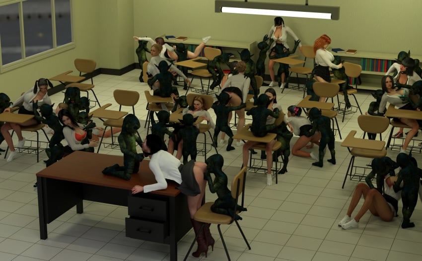 16girls 3d 6+boys 6+girls all_fours bent_forward bent_over bent_over_desk black_bra black_hair black_skirt blue_bra book bookshelf button_down_shirt chair classroom clothed_female_nude_male cowboy_boots desk desk_chair fingering fluorescent_light goblin goblin_male green_body green_skin gremlin grey_skirt hbait2 hetero high-angle_view high_heels imminent_oral imp implied_penetration indoors interspecies kneeling knees_up large_breasts larger_female larger_female_smaller_male looking_back mass_rape monster multiple_girls on_desk on_floor open_mouth open_shirt orange_hair orgy outnumbered party_wipe pink_bow pink_panties pink_penis pointy_ears rape red_bra renderotica running_shoes school_uniform short_hair shoulder_length_hair sitting sitting_on_floor sitting_on_lap size_difference skirt_around_belly skirt_lift skirt_up slumped smaller_male stack_bond straight teacher tile_floor twintails two_on_one unbuttoned_shirt undressing white_bra white_panties white_shirt white_shoes window