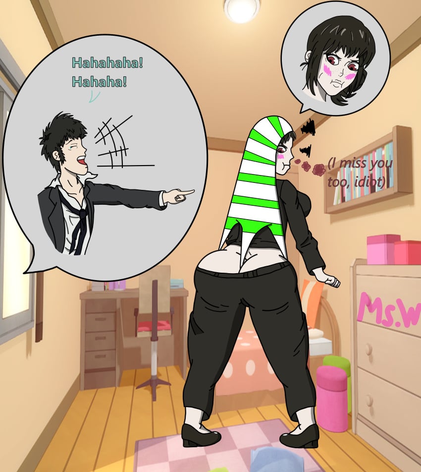 angry ass_cleavage ass_visible_through_clothes atomic_wedgie black_hair blush brown_hair butt_crack commission flustered freckles laughing mika_shishidou mswedgie123 office_clothing pale_skin pointing pouting psycho_pass reddish_eyes shinja_kogami striped_panties text thinking wedgie