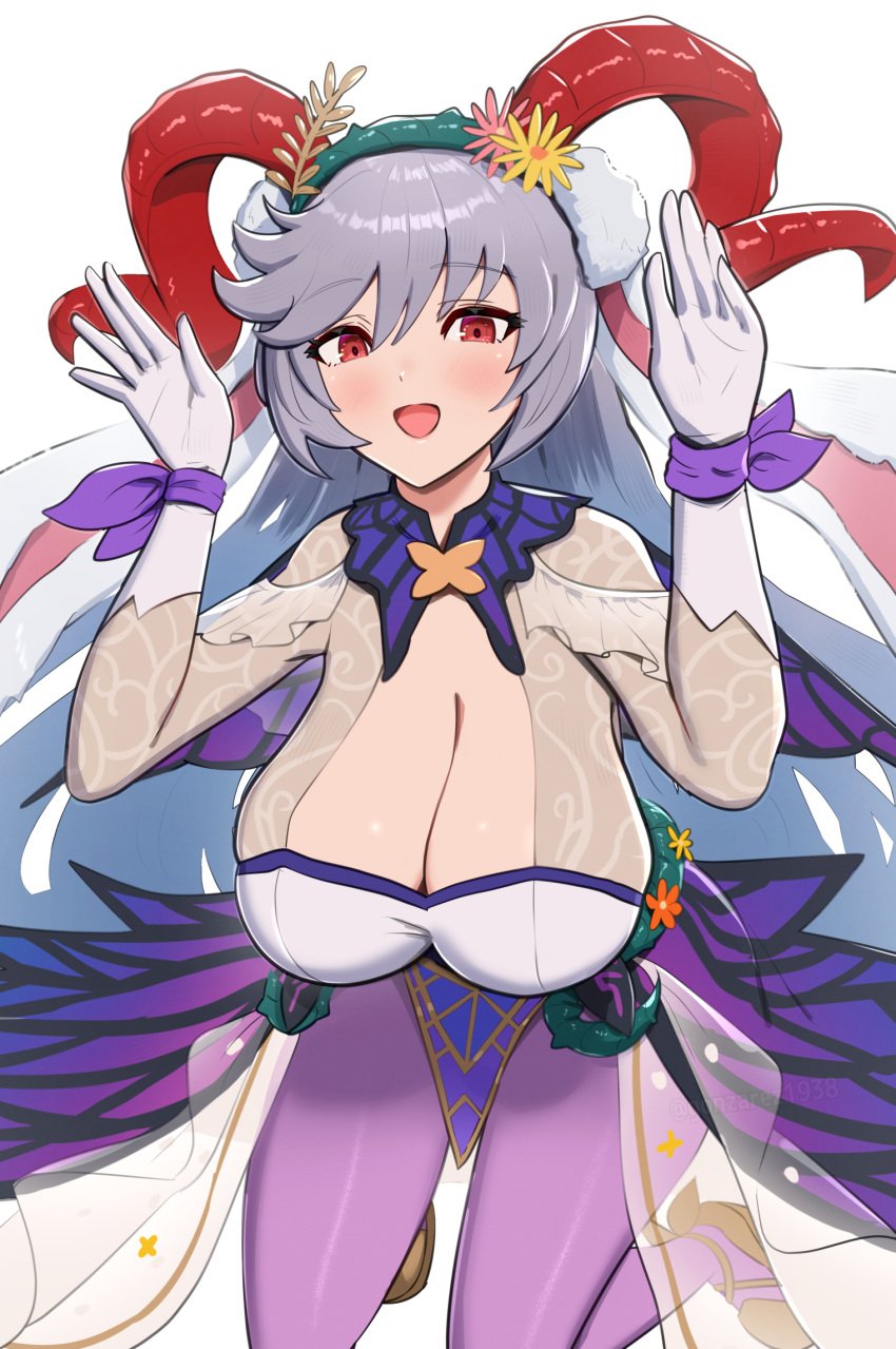 1girls alternate_costume animal_ears arms_up bangs blush bodystocking breasts bunny_ears bunny_girl bunnysuit cleavage cleavage_cutout clothing_cutout commentary fake_animal_ears female female female_only fire_emblem fire_emblem_heroes freyja_(fire_emblem) freyja_(spring)_(fire_emblem) gloves goat_horns gonzarez grey_hair highres horns huge_breasts long_hair looking_at_viewer nintendo official_alternate_costume open_mouth pantyhose playboy_bunny purple_pantyhose purple_ribbon rabbit_ears red_eyes ribbon smile solo very_long_hair white_background white_gloves wrist_ribbon