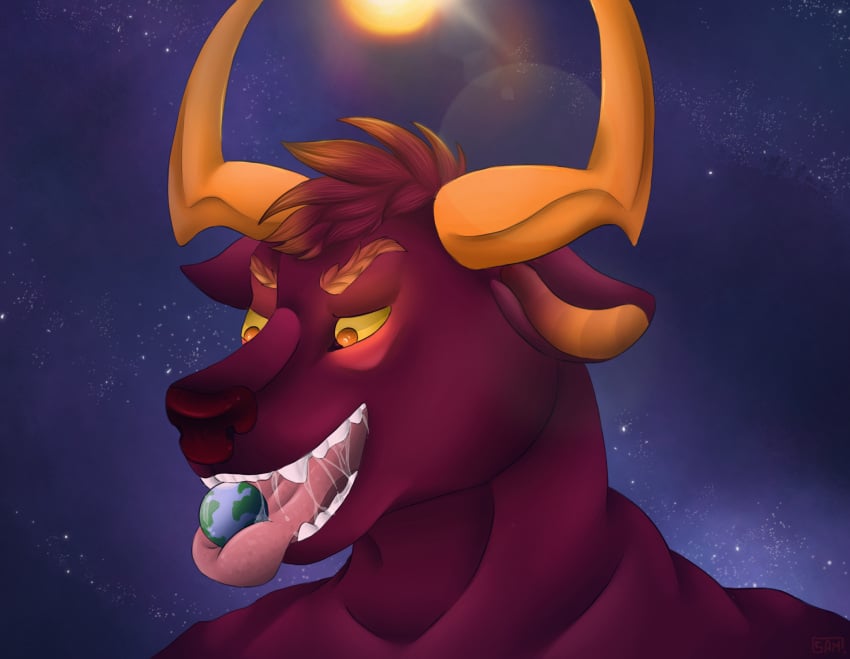 angry angry_eyes anthro bodily_fluids bovid bovine cattle cosmic_background destruction digital_drawing_(artwork) digital_media_(artwork) drooling earth eating galaxy hi_res horn hyper macro male mammal micro micro_pred muscular muscular_male object_vore open_mouth planet_destruction planet_vore planetary_macro pred_focus predator/prey raak saliva saliva_on_tongue saliva_string samuelwolfo simple_background size_difference solo solo_focus space star starry_background sun teeth teeth_showing tongue tongue_out vore