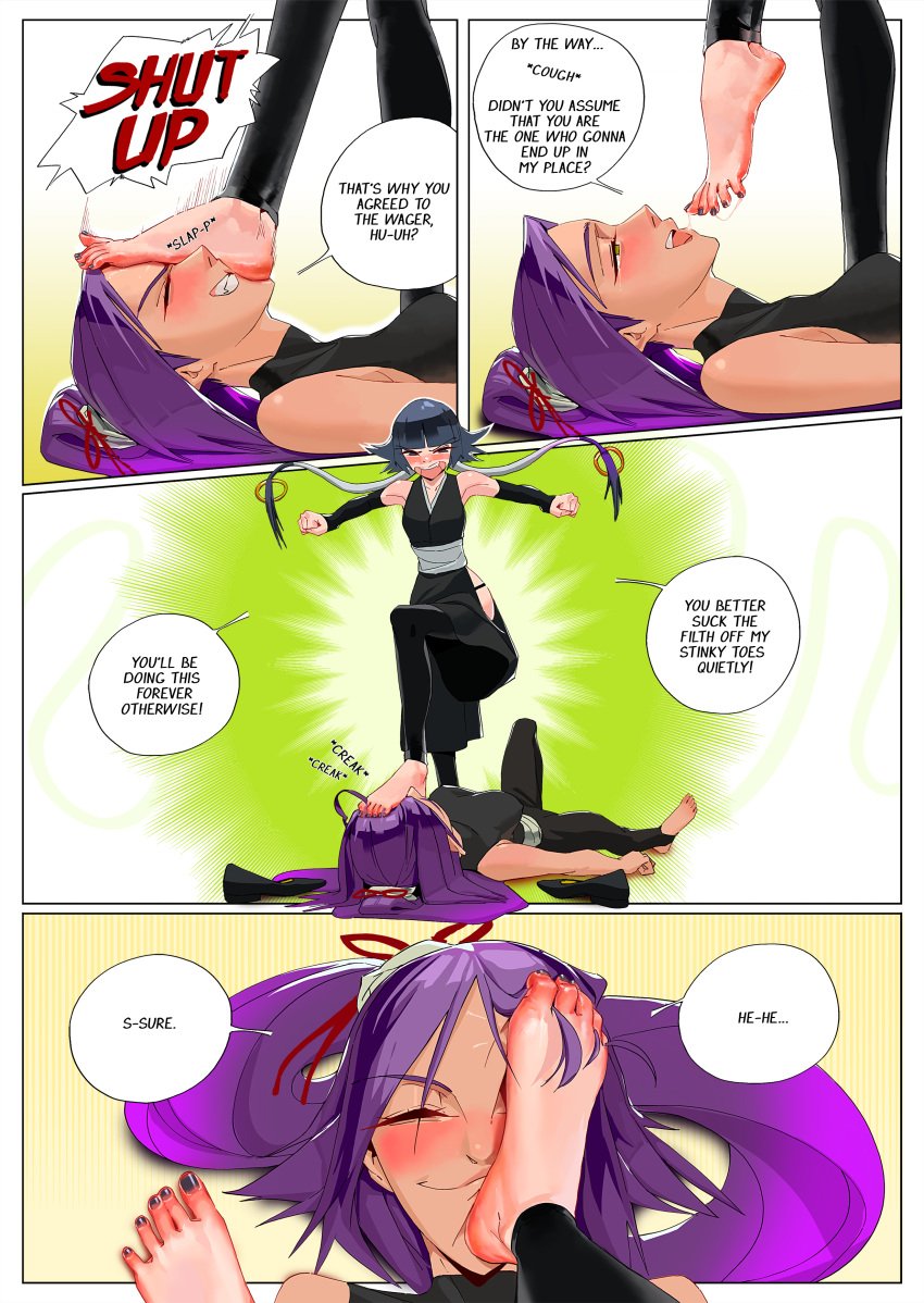 2girls bleach blush feet femdom foot_fetish foot_focus foot_on_another's_face foot_on_head l_mould licking_foot multiple_girls saliva_string shihouin_yoruichi shoes smug soifon soles speech_bubble steam toenails toes trample unworn_shoes worship yuri