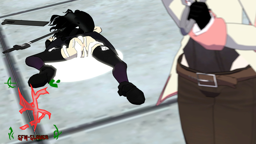 2girls 3d after_anal after_sex anus arena ass blake_belladonna clothing cum cum_in_ass cum_inside cum_on_body female human hush_(rwby) implied_futanari implied_sex neo_(rwby) pale_skin parasol public rwby sfmslayer source_filmmaker