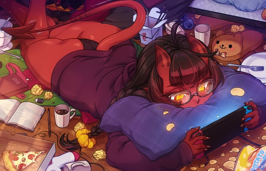 1girls 2d ass black_hair chinese_food clothed clothed_female clothing coffee demon demon_girl demon_horns demon_tail female food gamer_girl gaming glasses meru_(merunyaa) merunyaa nintendo nintendo_switch on_stomach original original_character panties pizza potato_chips red-skinned_female red_skin solo succubus tagme thick_thighs yellow_eyes