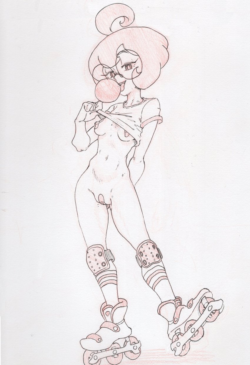 1girls bottomless breasts bubble_gum covered_nipples covered_pussy dork_(skk) glasses pussy roller_skates shirt shirt_lift skk socks solo_female traditional_media_(artwork)