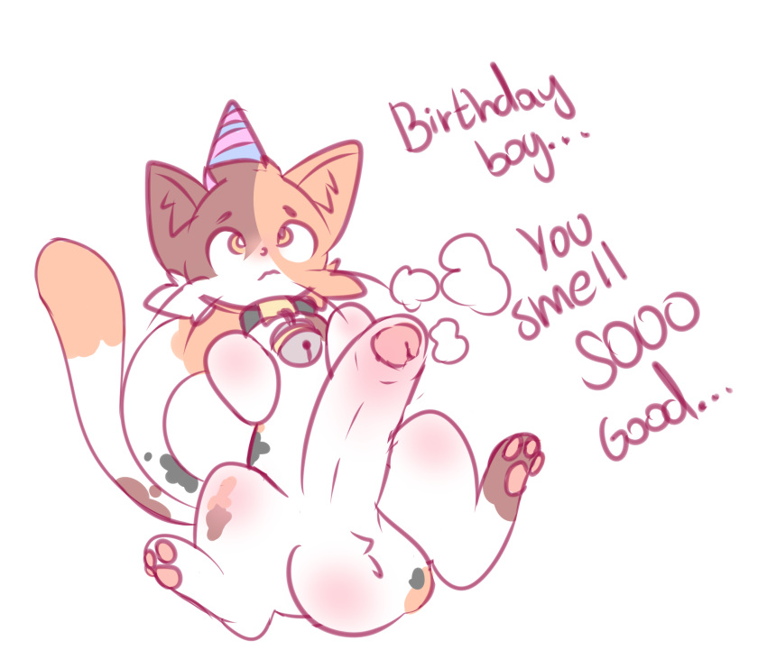 ass balls bell bell_collar big_balls big_penis birthday_hat calico_cat collar collar_only domestic_cat felid feline felis feral foreskin genitals hi_res jaspixie male mammal nude orange_eyes paws penis solo