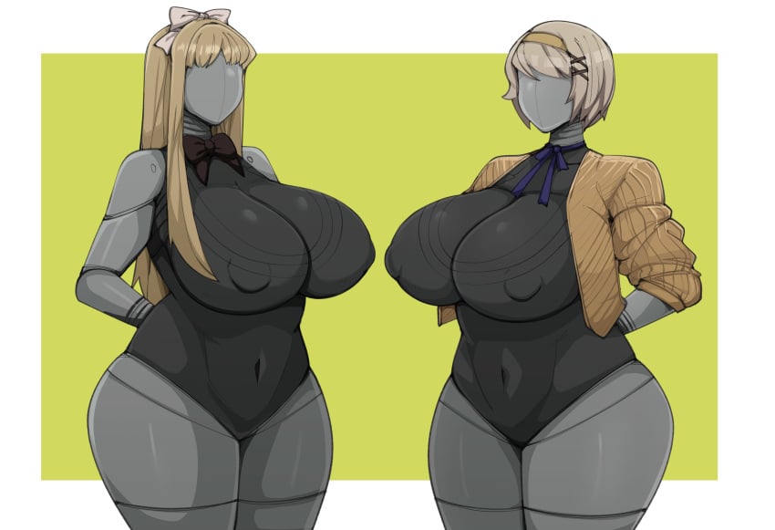 2girls alternate_version_available atomic_heart axis_powers_hetalia bare_shoulders belarus_(hetalia) big_breasts blonde_hair breasts commission commissioner_upload crossover_cosplay duo faceless faceless_character faceless_female female female_only hairband hairbow hairclip half-dressed hands_behind_back huge_breasts jacket left_(atomic_heart) living_machine long_hair metallic_body ribbon right_(atomic_heart) robot robot_girl short_hair sisters standing tagme the_twins_(atomic_heart) the_twins_(atomic_heart)_(cosplay) thick_thighs ukraine_(hetalia) voluptuous zeruxu