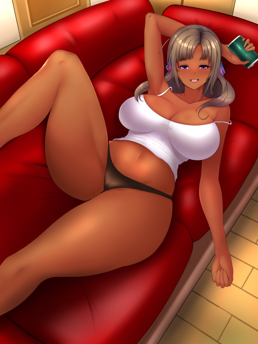 1girls absurd_res absurdres alternate_skin_color alternate_version_available big_breasts black_panties blush bottomwear breasts brown_hair cleavage couch crop_top dark-skinned_female dark_skin do_you_love_your_mom_and_her_two-hit_multi-target_attacks? drunk female female_only hair half-closed_eyes high_resolution highres holding_drink huge_breasts legs mature mature_female mature_woman milf mother oosuki_mamako panties purple_eyes slave15 solo solo_female thighs topwear tsuujou_kougeki_ga_zentai_kougeki_de_ni-kai_kougeki_no_okaasan_wa_suki_desu_ka? white_crop_top