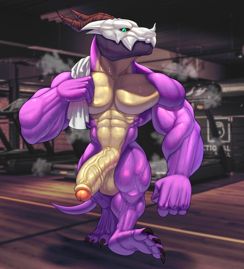 4_fingers abs balls big_penis bodily_fluids bristol claws erection fingers foreskin genitals hi_res horn humanoid_genitalia humanoid_penis male muscular nude penis scalie solo sweat