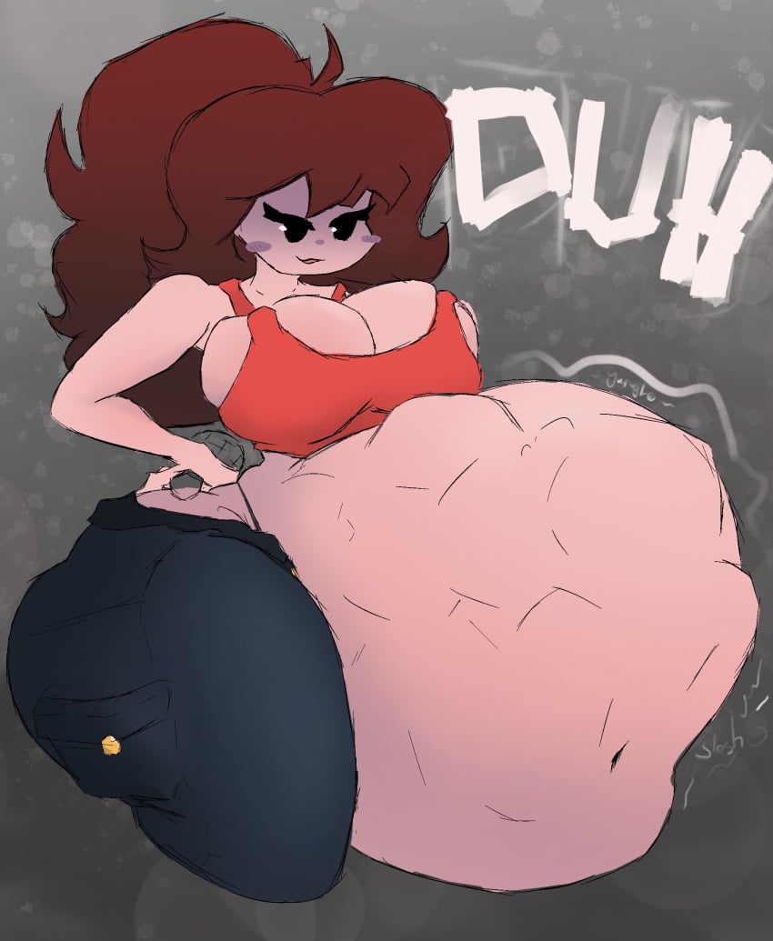 17bucks_girlfriend 1girls bellowithjello big_ass big_breasts blush brown_hair crop_top digestion friday_night_funkin girlfriend_(friday_night_funkin) hands_on_hips smirk tagme vore vore_belly