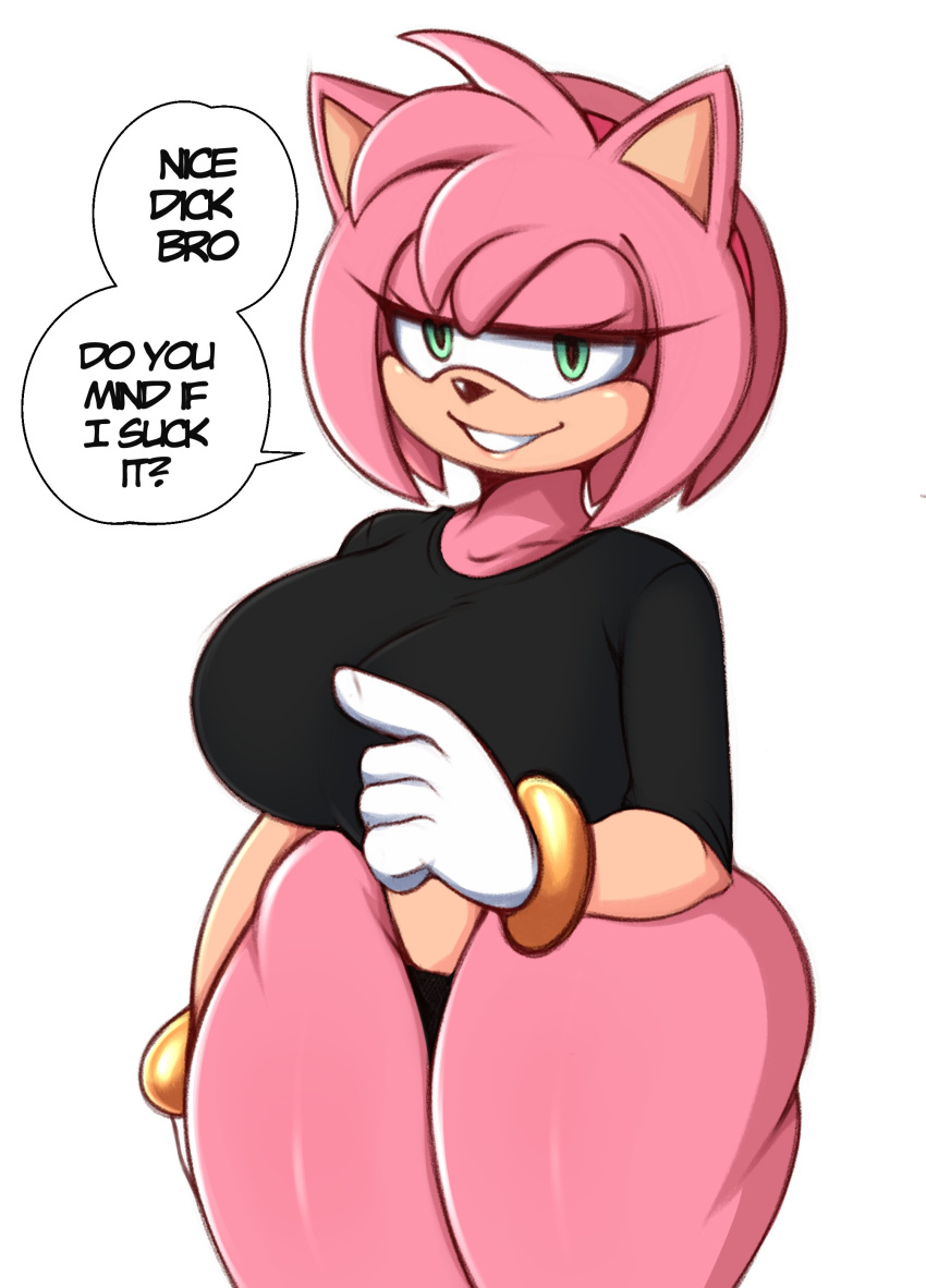 1girls alternate_breast_size amy_rose anthro breasts dialogue english_text female furry green_eyes hedgehog_humanoid hi_res huge_breasts large_breasts naughty_face nice_cock_bro panties pink_body pink_hair saltyxodium sega short_hair smile sonic_(series) sonic_the_hedgehog_(series) suggestive_look t-shirt text thick_thighs wide_hips