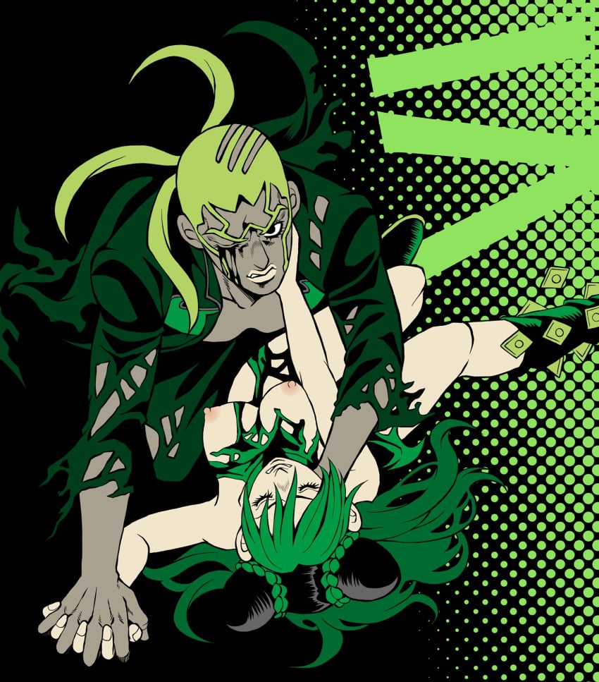 1boy 1boy1girl 1girls blood breasts closed_eyes dark-skinned_male dark_skin double_bun enrico_pucci green_hair holding_hands interlocked_fingers interracial jojo's_bizarre_adventure jolyne_kujo kidocch1 large_breasts long_hair male male/female nipples one_eye_closed stone_ocean straight two_tone_hair