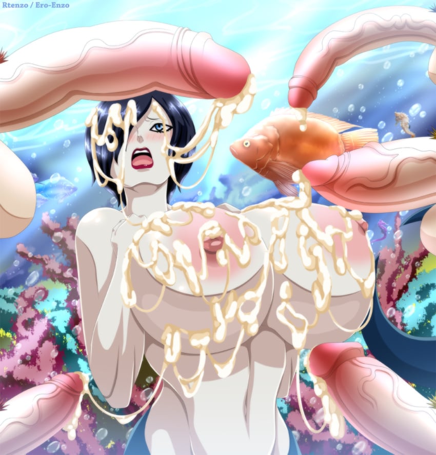 1girls 5boys alternate_breast_size big_breasts big_penis breasts cum cum_outside ero-enzo female huge_breasts large_breasts light-skinned_male lipstick madame_shyarly male mermaid one_piece open_mouth red_lipstick short_hair shortfin_mako_shark shounen_jump straight underwater unseen_male_face water