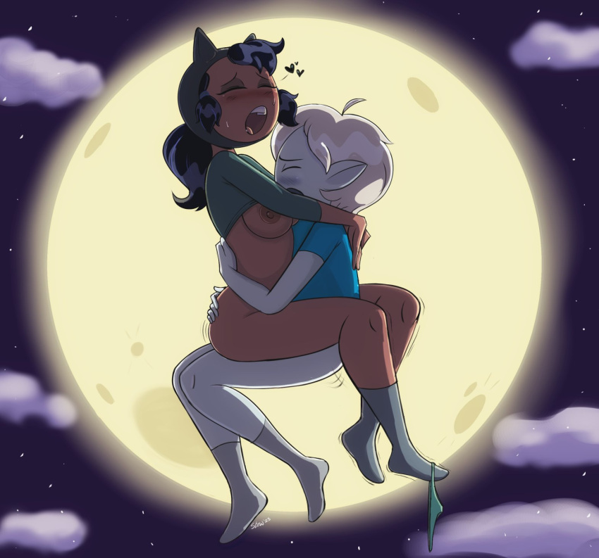 1boy 1girls adventure_time big_ass big_breasts black_hair blonde_hair blush bottomless bottomless_female bottomless_male breasts breasts_out cartoon_network clothed_sex cowgirl_position cute dark-skinned_female dark_skin female finn_the_human floating floating_sex flying full_moon gray_body gray_skin heart hug interracial interspecies male marceline marceline_(human) moon moonlight night no_pants panties panties_around_feet panties_aside passionate penetration pointy_ears role_reversal romantic sex socks species_swap stewsspicyblog tagme thick_thighs vaginal vaginal_penetration vampire white_hair wholesome