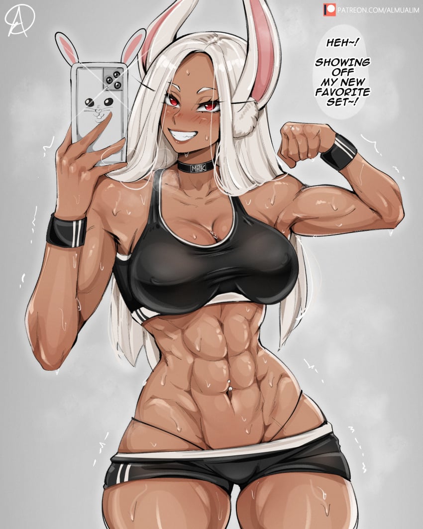 1girls abs almualim blush bodily_fluids breasts brown_skin bunny_ears cleavage clothed clothing dark-skinned_female dark_skin dialogue english_text female fit fit_female flexing hi_res long_hair miruko my_hero_academia rabbit_ears red_eyes rumi_usagiyama selfie short_shorts shorts smile solo sports_bra sportswear sweat sweaty_body text white_hair