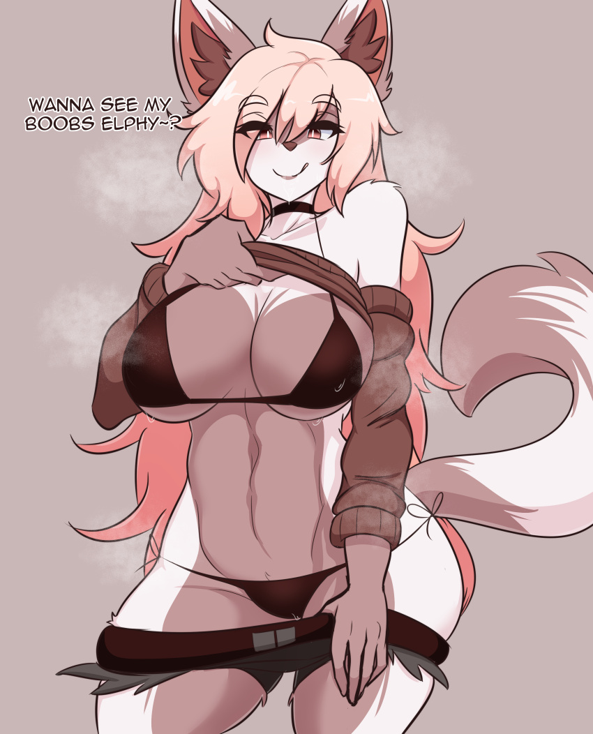 1girls 2d animal_ears animal_tail anthro big_breasts bra breasts clothed clothing dialogue female female_focus female_only female_solo fox_ears fox_girl fox_tail fur furry highres kinathefox kymma_(kymmafox) lifting_shirt long_hair looking_at_viewer panties shorts_down smile solo solo_female speaking tagme talking text thick_thighs thighs two_tone_fur