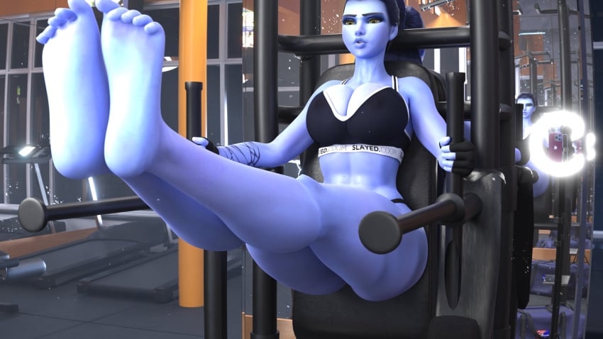 1girls 3d barefoot belly belly_button black_clothing blue_body blue_hair clothed_female clothing excercising feet feet_fetish feet_up foot_fetish gym gym_clothing overwatch overwatch_2 slayed.coom soles solo_female solo_focus tattoo widowmaker yellow_eyes