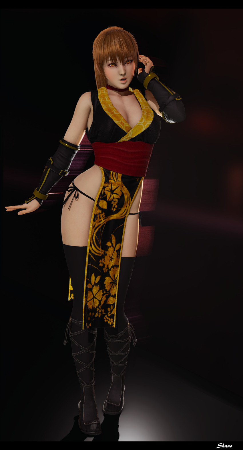 3d alternate_costume big_breasts brown_eyes choker cleavage dead_or_alive female female_only honey_select_2 kasumi_(doa) long_hair looking_at_viewer ninja ninja_clothes orange_hair pose posing shanodeshano standing studio_neo thick_thighs thighhighs weapon