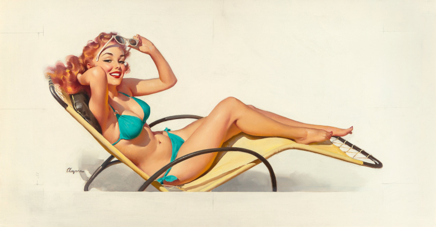 1girls 20th_century bikini breasts chair cleavage eyewear_removed female female_only gil_elvgren lipstick looking_at_viewer nail_polish navel original painting_(artwork) pinup pinup_girl smile solo straight_hair sun_lounger sunglasses sunglasses_removed traditional_media_(artwork) vintage wide_hips