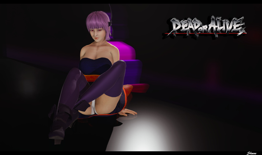 3d ayane_(doa) big_breasts boots cleavage dead_or_alive exposed_panties female female_only headband honey_select_2 logo looking_at_viewer ninja ninja_clothes pose posing purple_hair red_eyes shanodeshano short_dress studio_neo thick_thighs thighhighs upskirt