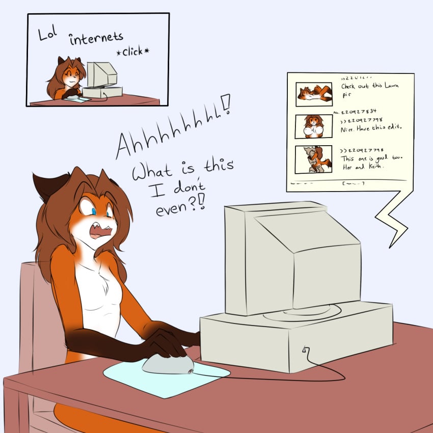 anthro basitin blue_eyes brown_hair canid canine computer computer_mouse computer_screen duo female fox fur gloves_(marking) hair hi_res keidran keith_keiser laura_(twokinds) male male/female mammal markings orange_body orange_fur shocked solo twokinds webcomic white_body white_fur wolfie-pawz