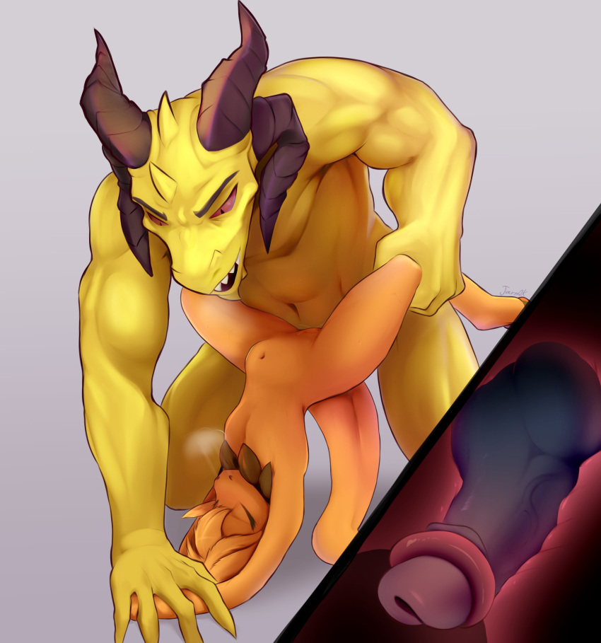 2022 absurd_res anthro anthro_on_anthro anthro_penetrated anthro_penetrating anthro_penetrating_anthro cervical_penetration closed_eyes cutaway digital_media_(artwork) erection female female_penetrated grey_background hi_res horn jarnqk kobold male male/female male_penetrating male_penetrating_female orange_body penetration sex signature simple_background stomach_bulge vaginal_penetration vaginal_penetration