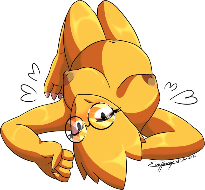 alpha_channel alphys anthro barefoot big_breasts blush breasts claws evan_harrey eyelashes eyewear feet female glasses heart legs_together lizard looking_at_viewer lying navel nipples nude on_back overweight pseudo_hair reptile scalie solo spikes thick_thighs undertale_(series) yellow_body