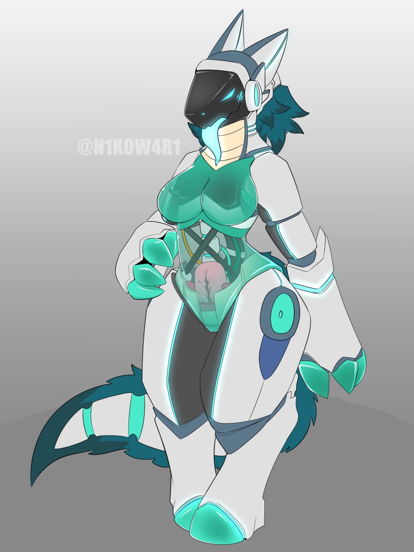 3:4 absurd_res anthro big_breasts breasts claws female genitals hi_res machine nikowari_(artist) protogen screen screen_face see-through see-through_body simple_background solo tagme tongue x-ray