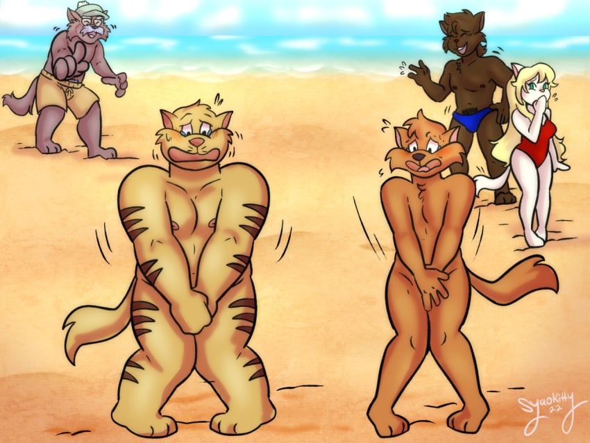 4:3 anthro beach blonde_hair blush bodily_fluids chance_furlong chubby_male clothing domestic_cat embarrassed embarrassed_nude_anthro embarrassed_nude_male embarrassment feet felid feline felis female fur genitals group hair hand_on_balls hand_on_penis hanna-barbera humiliation jake_clawson laugh laughing_at legs male mammal nipples nude penis pops_perkins public public_nudity sand seaside stripes swat_kats swimwear syaokitty tears water white_body white_fur