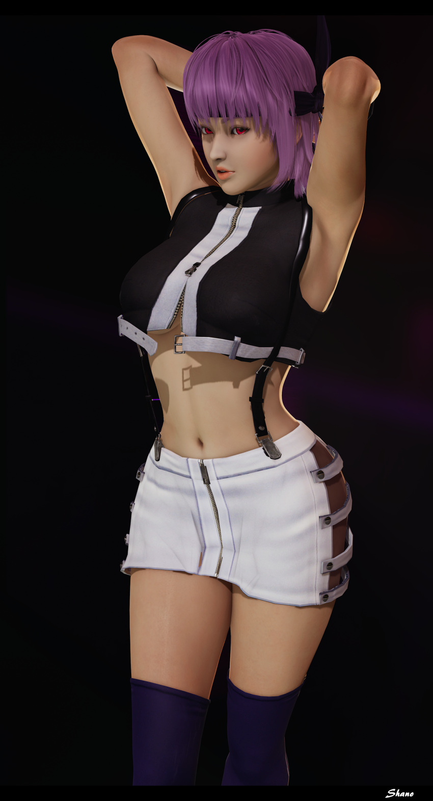 3d ayane_(doa) big_breasts crop_top dead_or_alive female female_only headband honey_select_2 looking_at_viewer ninja pose posing purple_hair red_eyes shanodeshano short_skirt studio_neo suspenders thick_thighs thighhighs underboob