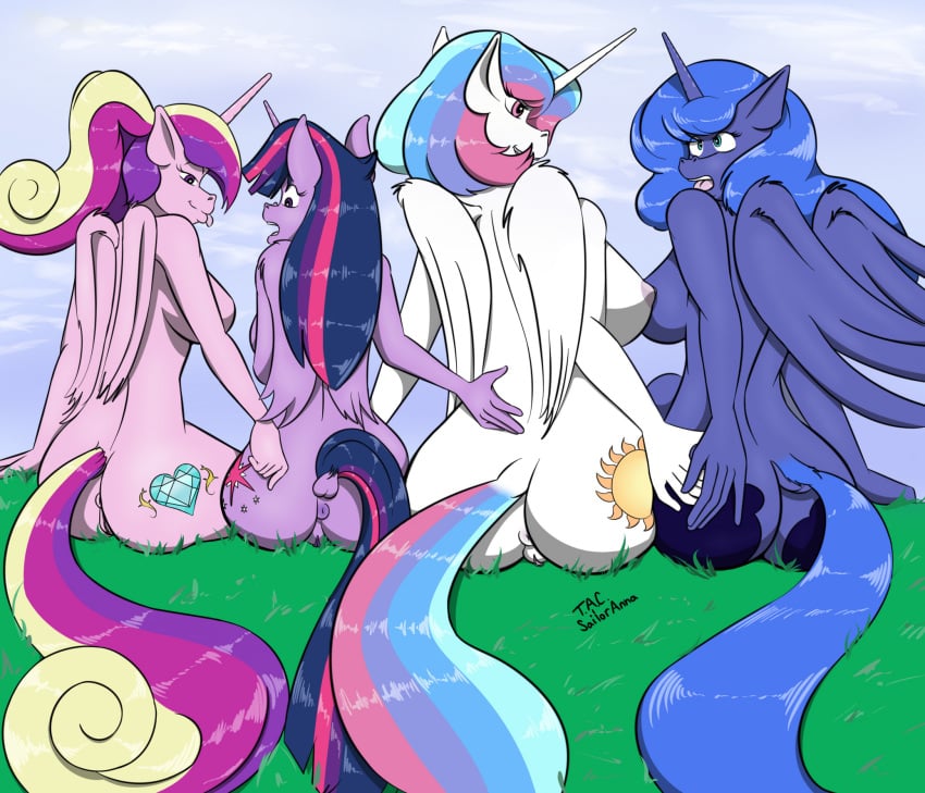 alicorn anthro anthrofied anus ass blue_body blue_fur blue_hair breasts butt_grab cutie_mark dock equid equine feathered_wings feathers female female/female friendship_is_magic fur genitals group hair hand_on_butt hasbro hi_res horn mammal multicolored_hair my_little_pony nipples pink_body pink_fur princess_cadance_(mlp) princess_celestia_(mlp) princess_luna_(mlp) purple_body purple_fur purple_hair pussy sailoranna tail tongue tongue_out twilight_sparkle_(mlp) two_tone_hair unicorn_horn white_body white_fur wings