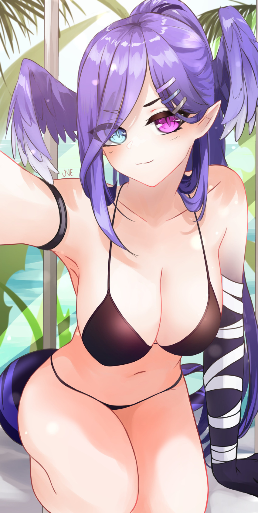 1girls arm_strap armpit armwear bandaged_arm bare_midriff bare_shoulders belly_button big_breasts bikini black_bikini cleavage clothing dragon_girl dragon_hand dragon_tail exposed_shoulders female hair_wings hairclip head_wings heterochromia hi_res highres midriff navel nijisanji nijisanji_en pale_skin pointy_ears ponytail purple_hair reaching_towards_viewer selen_tatsuki solo solo_female solo_focus swimsuit swimwear tail uve virtual_youtuber