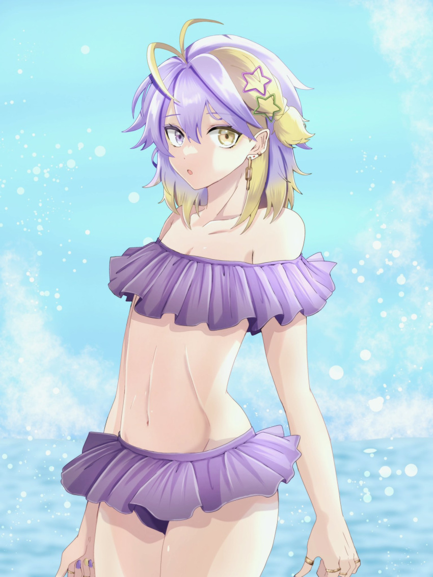 1boy ahoge aster_arcadia bare_midriff bare_shoulders belly_button bikini ear_piercing exposed_shoulders exposed_torso femboy frilled_bikini frills hair_accessory hi_res highres looking_at_viewer midriff ms7122ms navel nijisanji nijisanji_en purple_hair solo solo_focus solo_male star_hair_ornament swimsuit swimwear two_tone_hair virtual_youtuber yellow_hair