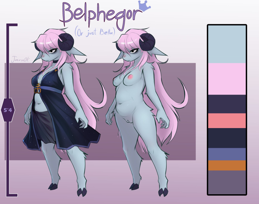 2023 anthro bovid breasts caprine clothed clothing color_swatch digital_media_(artwork) female genitals goat hair hi_res hooves horn jarnqk mammal midriff model_sheet nipples nude pink_hair pink_nipples pussy signature solo