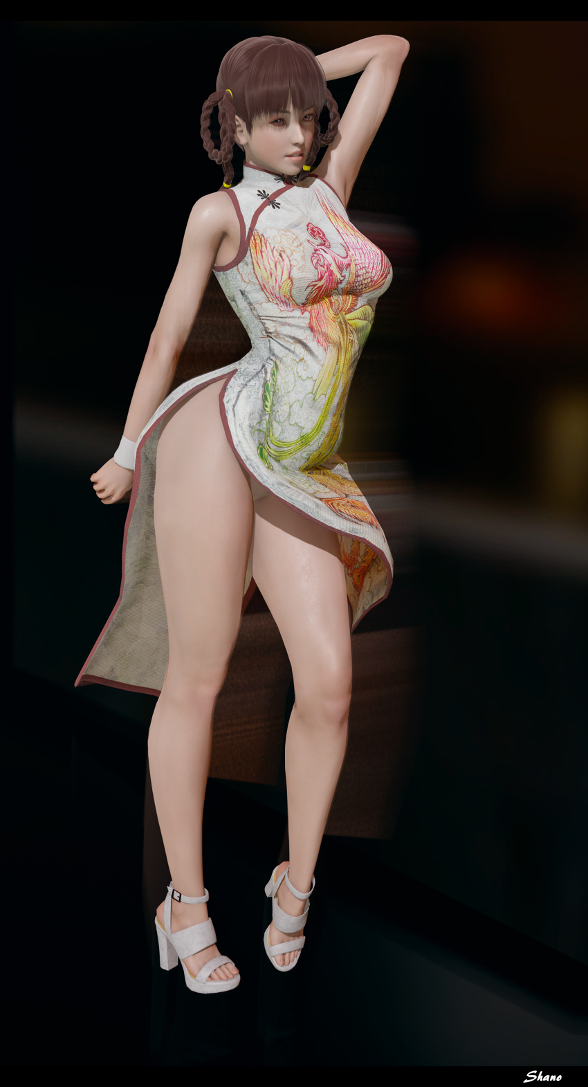 3d big_breasts blush brown_eyes brown_hair china_dress dead_or_alive dress_lift dress_slit exposed_pussy female female_only heels honey_select_2 lei_fang long_legs looking_at_viewer naughty_face no_panties pose posing pussy pussy_peek shanodeshano skirt_lift studio_neo thick_thighs upskirt