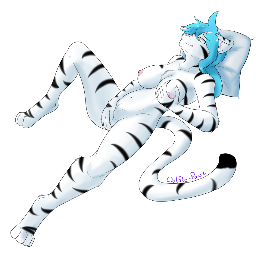 anthro blue_eyes blue_hair breasts felid female fur genitals hair hi_res keidran mammal markings masturbation pantherine pussy solo striped_markings stripes tiger tiger_trace trace_legacy twokinds webcomic white_body white_fur wolfie-pawz