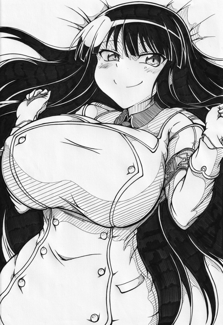 1girls bangs black_hair female fully_clothed gloves ha_jin huge_breasts ikaruga_(senran_kagura) impossible_clothes laying_down light-skinned_female light_skin monochrome nipple_bulge pencil_(artwork) senran_kagura simple_background smile solo very_long_hair white_background