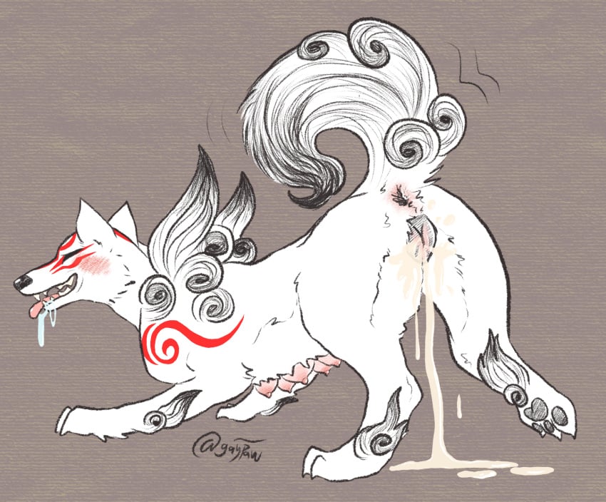 amaterasu amaterasu_(okami) animal_only animals animals_only anus aroused bodily_fluids canid canine canis capcom cum cum_drip cum_in_pussy cum_inside digital_media_(artwork) domestic_dog dripping fan_(disambiguation) female feral gaypaw genital_fluids genitals hi_res mammal okami okami_(capcom) pregnant presenting pussy solo wolf