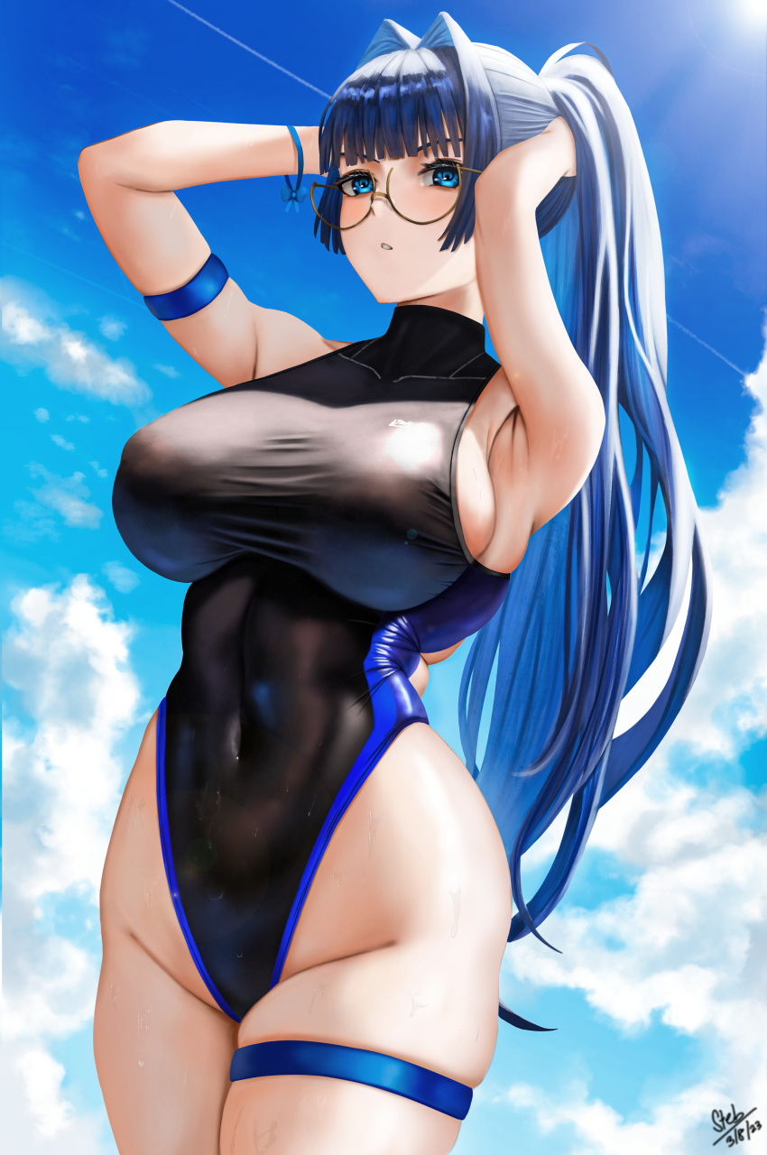 2023 absurdres alternate_hairstyle armband armpits arms_up bangs black_one-piece_swimsuit blue_eyes blue_hair blue_sky blunt_bangs breasts cloud covered_navel dated day female glasses groin hair_intakes high_ponytail highleg highleg_swimsuit highres hololive hololive_english hololive_english_-council- hololive_english_-promise- large_breasts mature_female milf one-piece_swimsuit ouro_kronii outdoors parted_lips round_glasses signature skindentation sky solo steb swimsuit thigh_strap thighs virtual_youtuber wet wristband