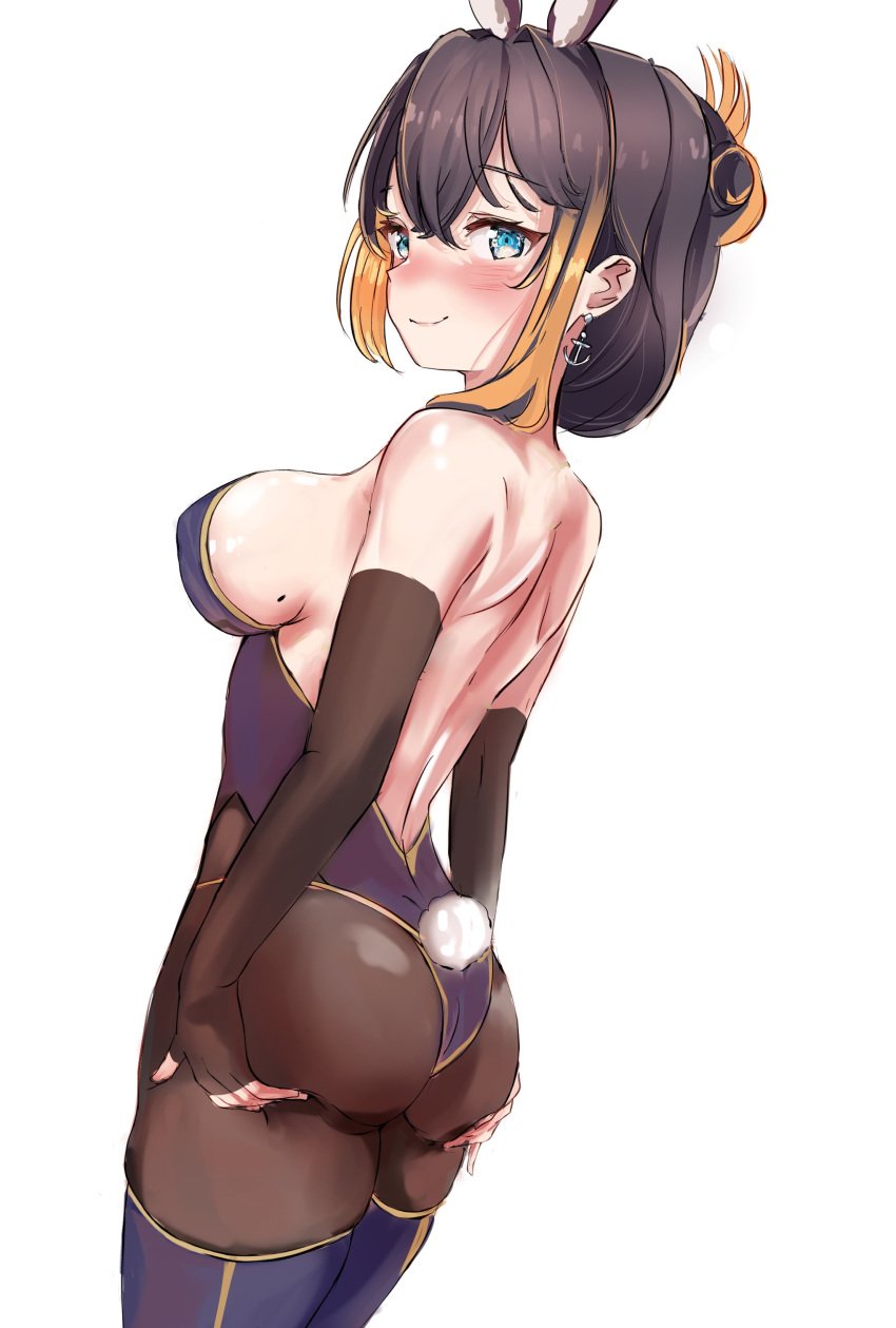 1girls amechi_(artist) anchor_earrings armwear ass ass_focus ass_grab back back_view bare_back bare_shoulders big_breasts black_hair blue_eyes blush bubble_ass bubble_butt bunny_ears bunny_tail butt butt_focus butt_grab earrings exposed_shoulders fingerless_gloves grabbing_ass grabbing_butt grabbing_own_ass grabbing_own_butt hi_res highres long_gloves looking_at_viewer looking_back medium_breasts mole mole_on_breast nijisanji nijisanji_en petra_gurin round_ass round_butt short_hair side_view sideboob soft_ass solo solo_female solo_focus thighs two_tone_hair virtual_youtuber white_background yellow_hair