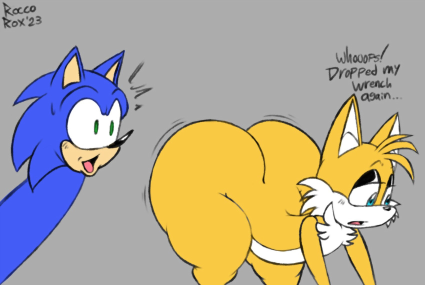 2boys anthro ass big_ass canid canine femboy fox fur hedgehog huge_ass male motion_lines roccorox sega sirroccorox sonic_(series) sonic_the_hedgehog tails text thick_thighs video_games wide_hips