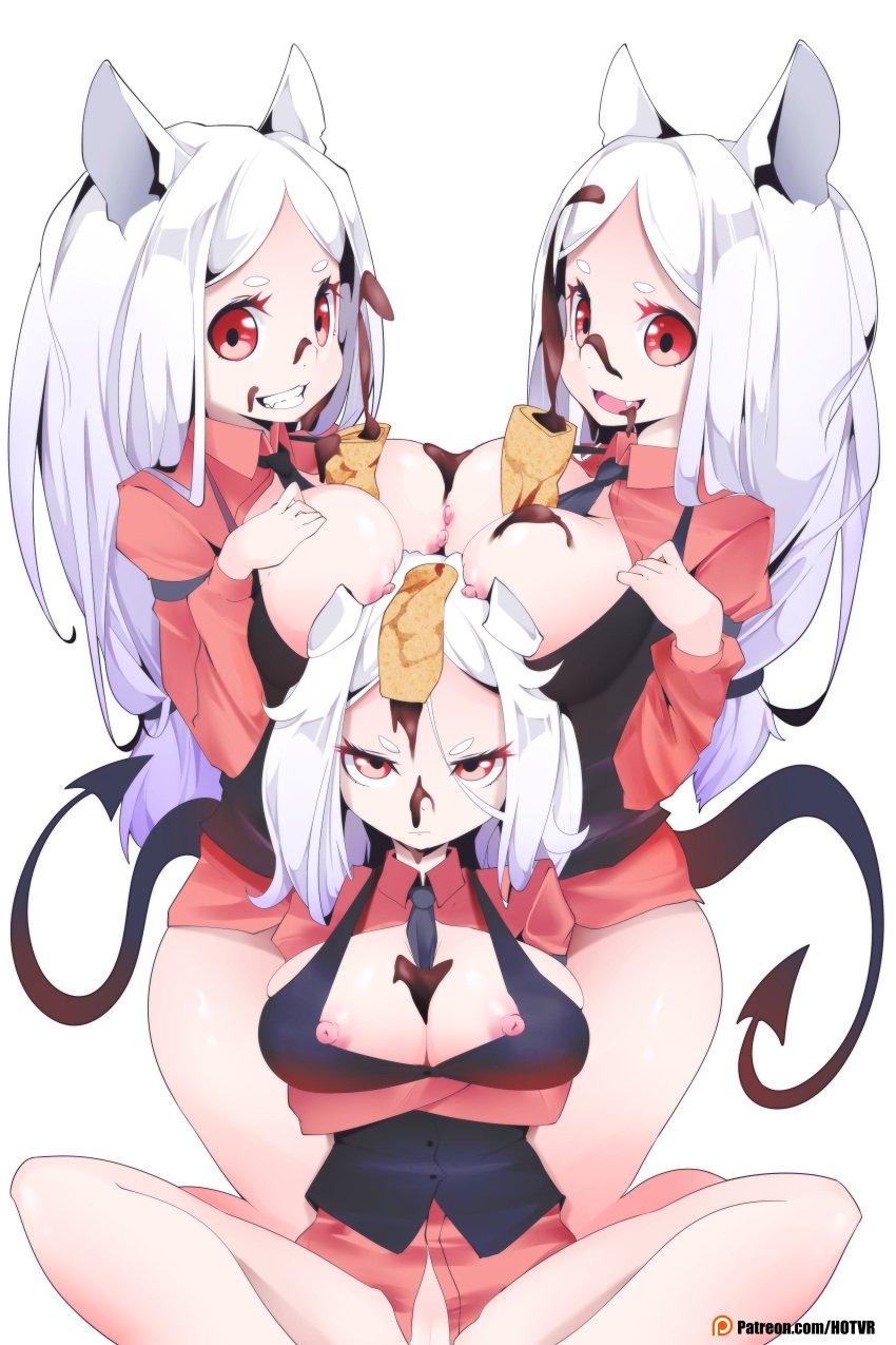 3girls breasts cerberus_(helltaker) crepe demon dog_ears female food helltaker hotvr multiple_girls tagme