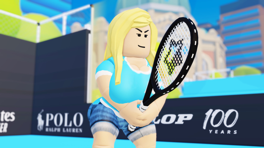 1girls 3d ao_adventure ass big_ass big_breasts blonde_hair breasts cleavage clothed outside pinkishpinkas roblox roblox_game robloxian shorts sport tagme tennis tennis_racket