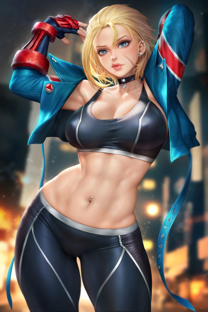 1girls abs absurd_res absurdres arms_up bare_stomach big_breasts black_choker black_clothing black_pants black_tank_top blonde_hair blue_clothing blue_eyes blue_jacket breasts busty cammy_white capcom choker clothed clothed_female clothing ear_piercing ear_piercings earrings facial_scar female female_focus female_only fit fit_female fully_clothed hartman_hips high_resolution highres hips jacket large_breasts large_filesize light-skinned_female light_skin muscular muscular_female navel navel_piercing neoartcore nudtawut_thongmai pants piercings scar scar_on_face short_hair slim_girl slim_waist solo standing stomach street_fighter street_fighter_6 tank_top thick_thighs thighs thunder_thighs toned toned_body toned_female toned_stomach very_high_resolution wide_hips