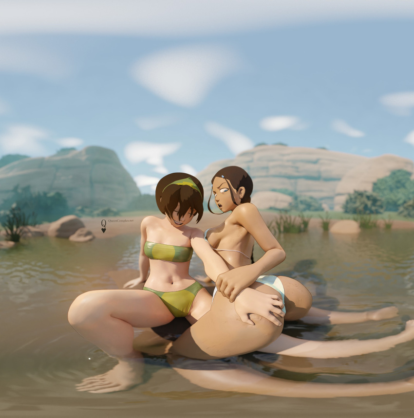 2girls ai_generated alternate_version_available annoyed artist_name asian_female ass avatar_legends avatar_the_last_airbender belly belly_button black_hair blind blue_eyes braided_ponytail breasts bubble_butt dark-skinned_female dark_hair earth_kingdom female female_focus female_only friends front_view grabbing grabbing_arm groping groping_ass hair_loopies hair_ornament hand_on_arm hand_on_ass happy inuit katara kneeling lake looking_at_viewer mountains mud open_mouth outdoors pale-skinned_female ponytail pov queencomplex sideboob squatting static swimsuits teeth teeth_showing teeth_visible tongue toph_bei_fong water water_tribe